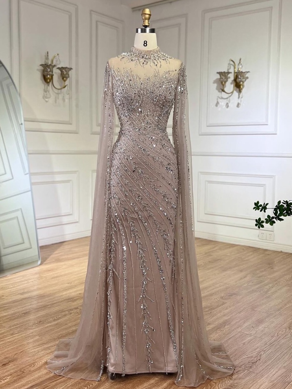 Embellished Long-Sleeve Evening Gown in Dusty Rose